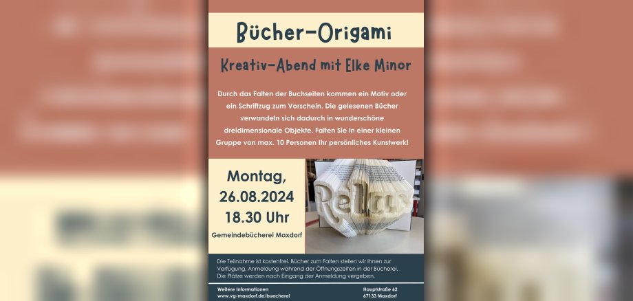 Plakat zur Veranstaltung "Bücher-Origami" am 26 August 2024