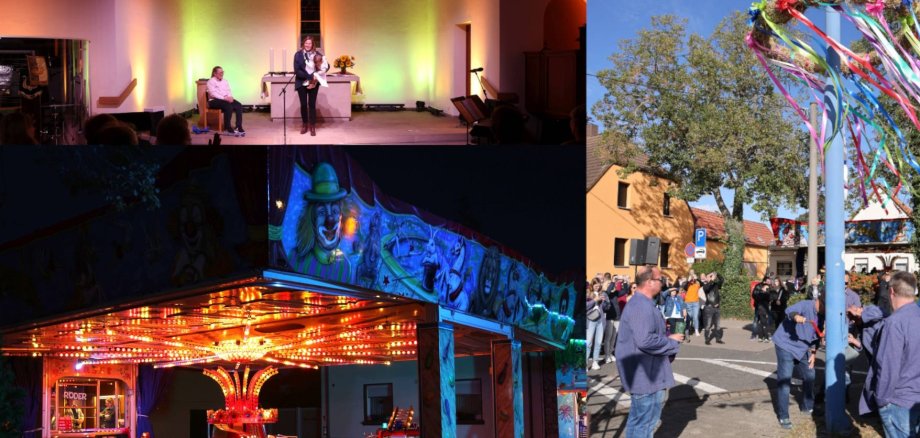 Collage mit Fotos vom Kerweumzug, offenes singen und Kerwe in Maxdorf