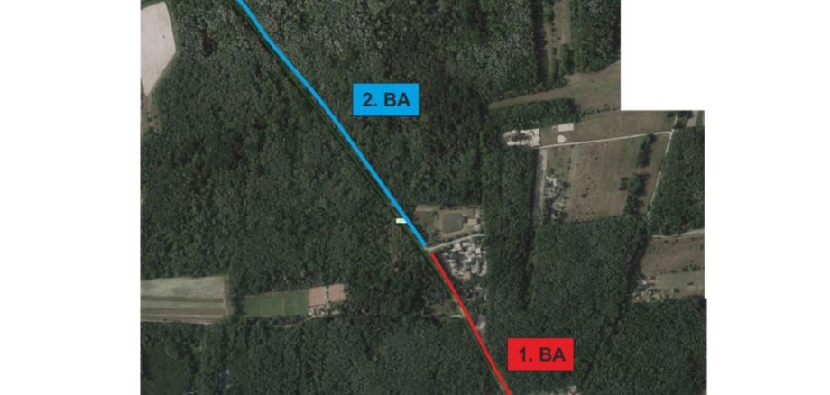 Luftaufnahme vom Radweg zwischen Weisenheim/sand und Maxdorf mit den beiden eingezeichneten Bauabschnitten