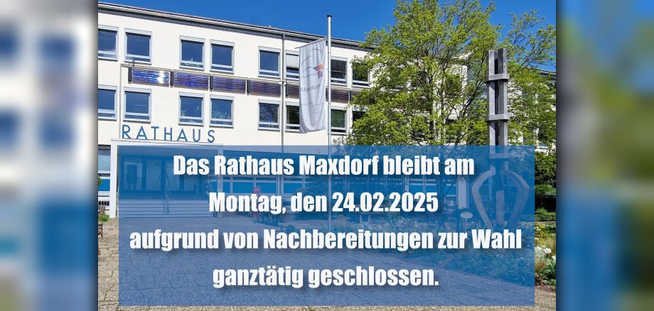 Foto vom rathaus Maxdorf mit weißem Text auf blauen Hintergrund